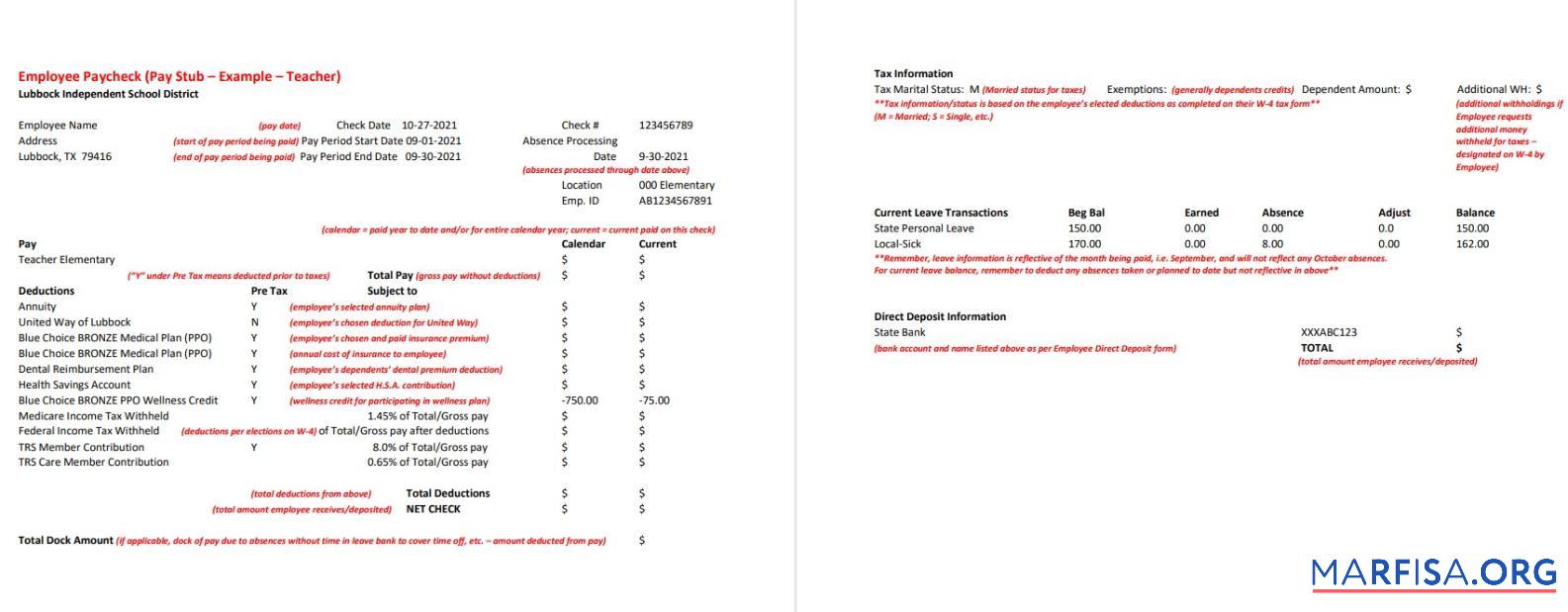 Printable Lubbock Independent School District teacher pay stub download for verification